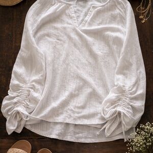 Lucky Brand White Ruched Sleeve Blouse